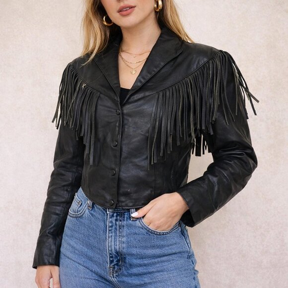 Vintage 80s DRevi Black Leather Fringe Jacket Western Biker Women’s S